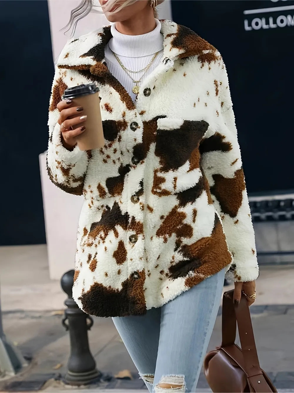 Cow Print Sherpa Jacket