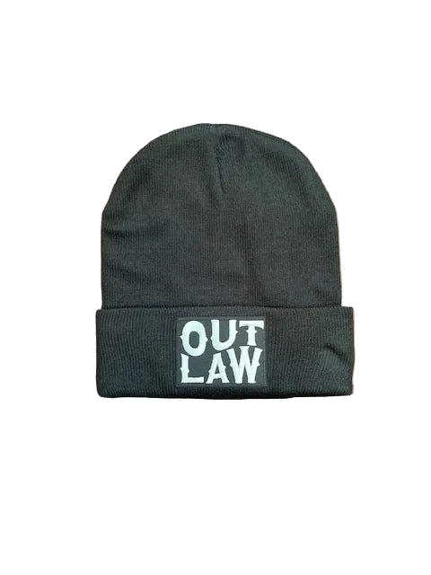 Black beanie with 'OUTLAW' text on a brown fur background