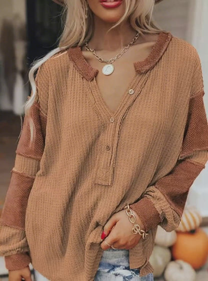Waffle Knit Patchwork Henley Top